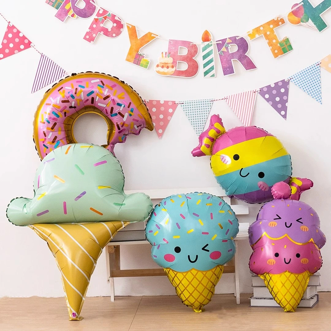 Juego de 4 Globos con Temática de Postres, Globos Gigantes de Aluminio con Forma de Donut, Sandía, Palomitas y Helado para Fiestas de Verano en la Playa o Piscina
