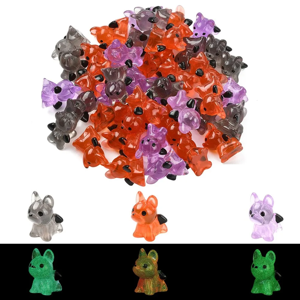 60pcs 3 Colors Luminous Transparent Resin Bulldog Ornaments Micro Landscape Accessories Glow in the Dark Mixed Color for Decor