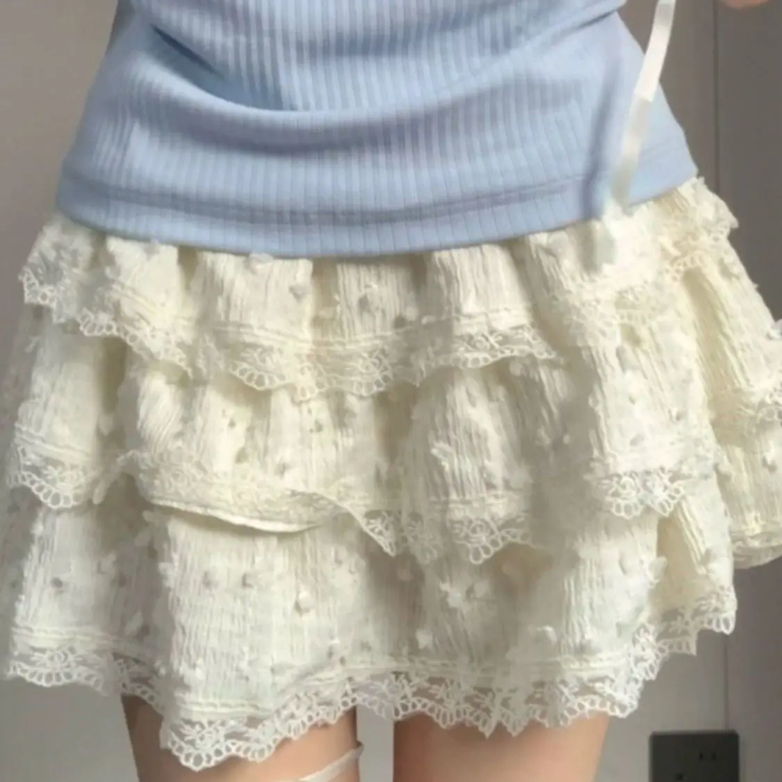 

Юбка-клеш с высокой талией и кружевной отделкой, утягивающая фигуру, в стиле балетной пачки, пышная, модная, короткая, в корейском стиле