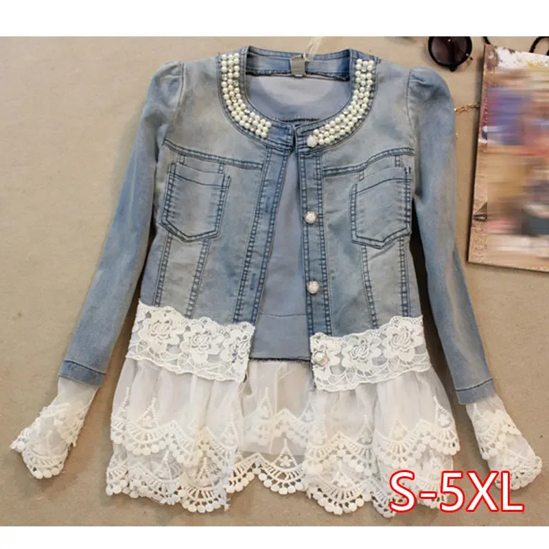 Women\'s Denim Jacket Lace Patchwork Pearl Slim Long-Sleeve Denim Jacket Lady Vintage Coat oversize 5XL Women Outerwear