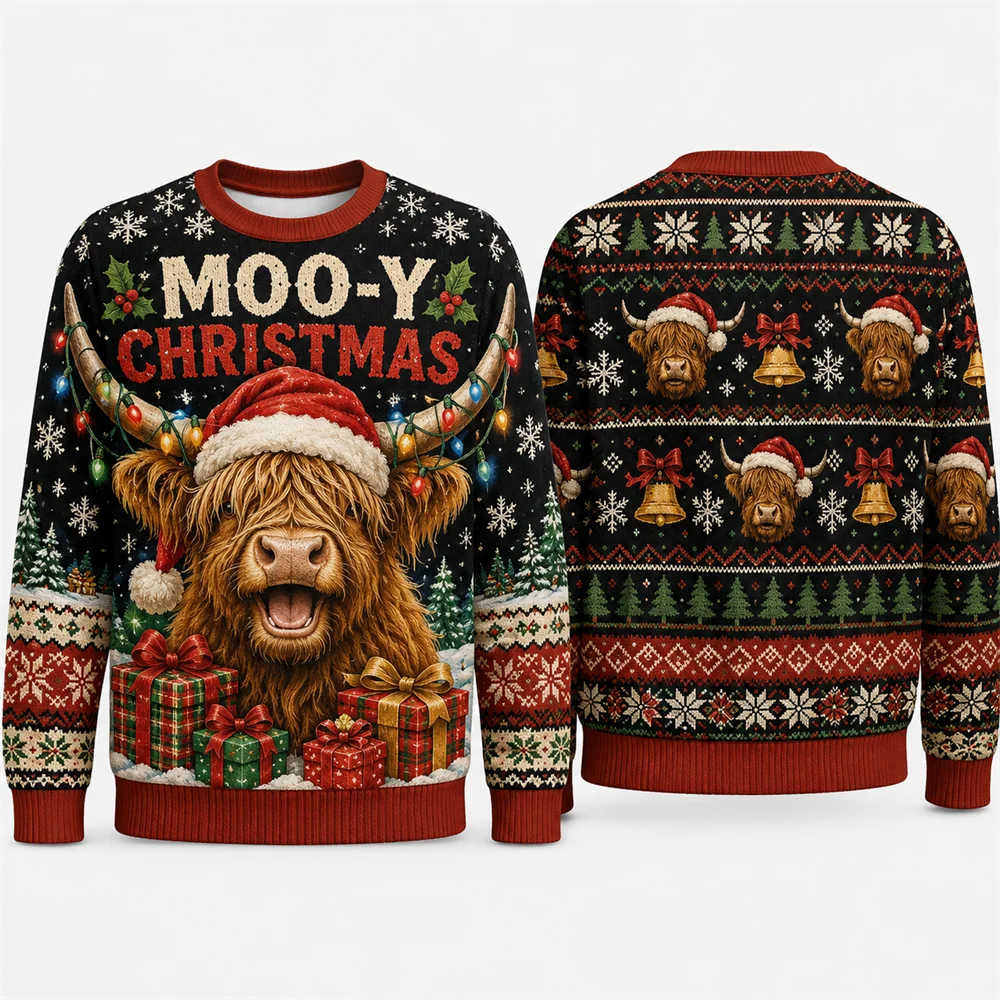 Men'S Fashion Xmas Party - Moo Y Christmas Highland Cow Sweatshirt