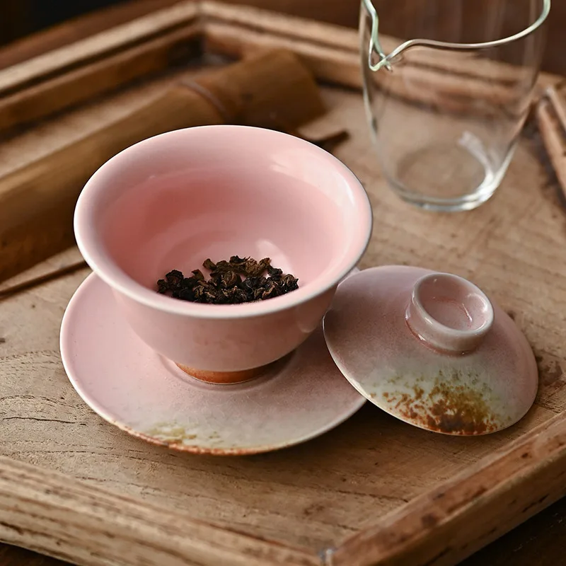 Jingdezhen Hand-Drawn Blank Pink High Temperature Ore Glaze Kiln Pear Flower Gaiwan Good Density Ceramic Tea Bowl