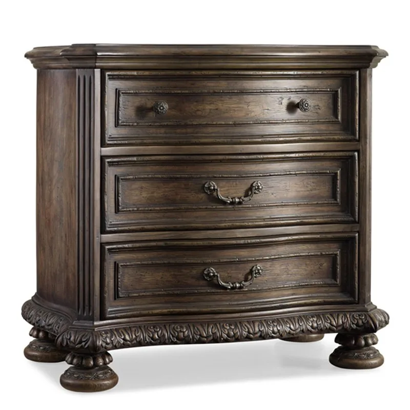 

American retro old solid wood carving flower bedside table European bedroom antique bedside 3 chest locker custom