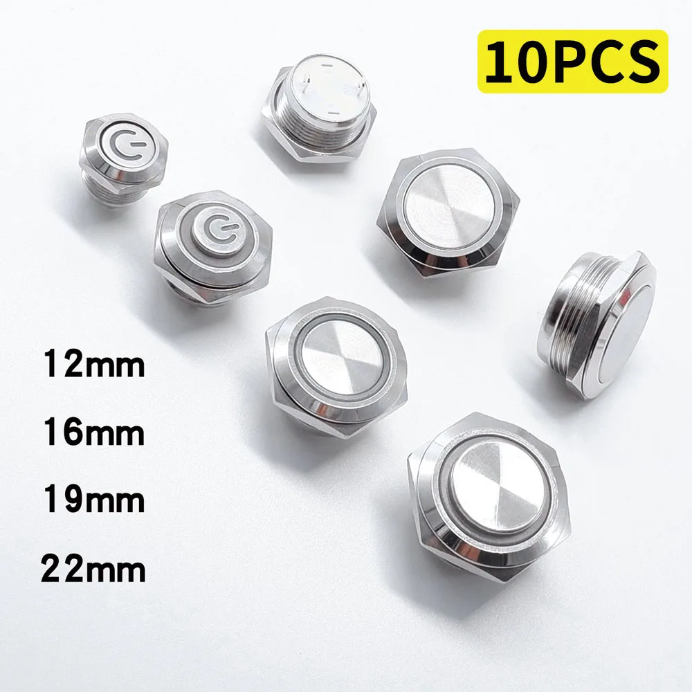 10PCS 1NO High Flat Head Waterproof Momentary Reset Short Metal Push Button Switch 12mm 16mm 19mm 22mm LED Light 6V 12V Switch
