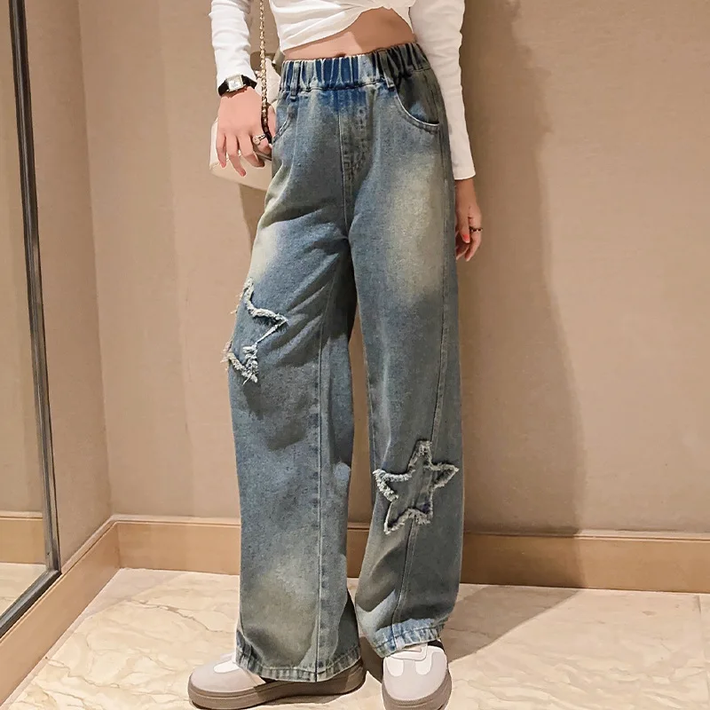 Girls\' Jeans 2024 Spring New Kids Fashion Retro five-pointed Star Denim Wide-leg Pants Teenage Children Trousers 10 12 14 Years