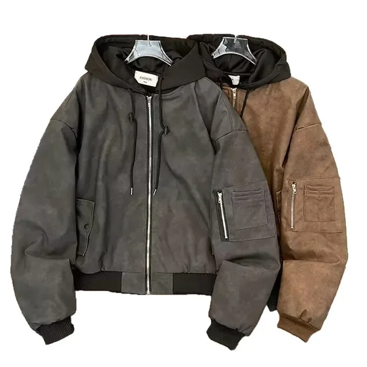

Мужская кожаная куртка из двух предметов в американском стиле ретро, весенне-осенняя повседневная бейсбольная форма с капюшоном, модная уличная куртка