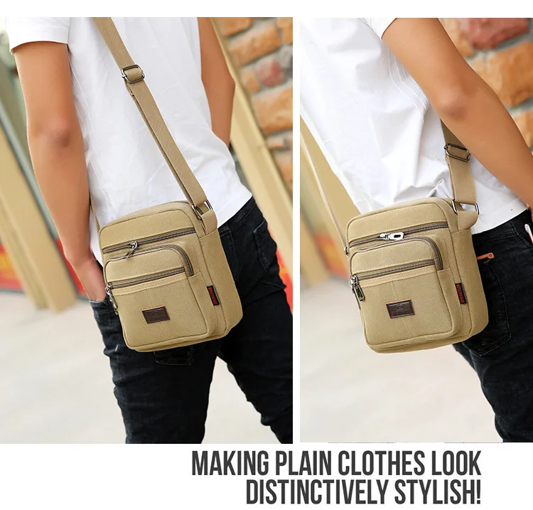 Men's wear-resistant canvas commuting single-shoulder bag, square multi-pocket large-capacity travel crossbody backpack