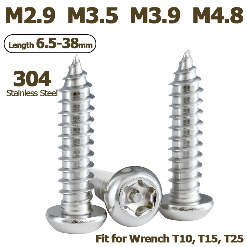 1-50pcs M2.9 M3.5 M3.9 M4.8 Pin Six Lobe Torx Round Pan Head Tamper Proof Security Self Tapping Wood Screws 304 Stainless Steel