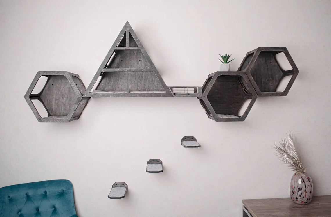 Cat Climbing Wall Furniture, Cat Hexagon Wall Shelves House ,Wood Cat Wall Step