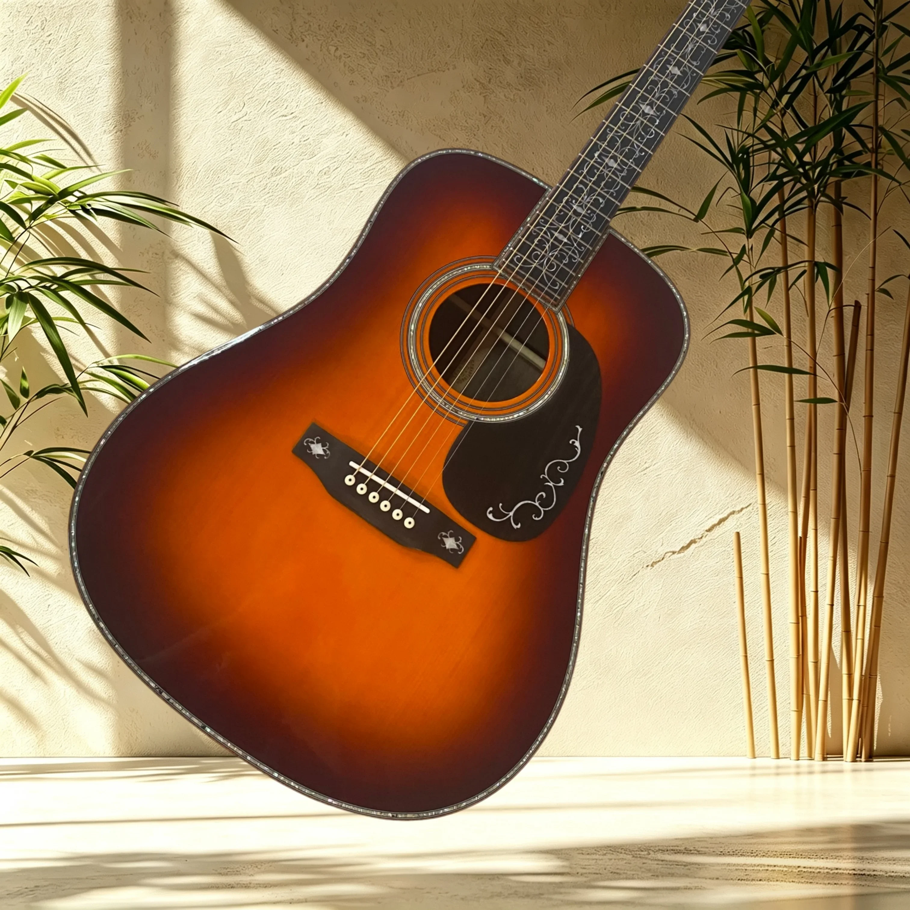 41 Inch D45 1933 Acoustic Guitar Sunburst Gloss Vine Inlay Abalone Binding Ebony Fretboard Band Rehearsal Singing Fingerstyle