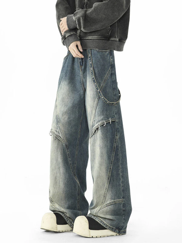 

Retro American Distred Patchwork Deconstructed Men's Jeans Trendy High Street Vibe Hip Hop Loose Wide Leg Long Pants