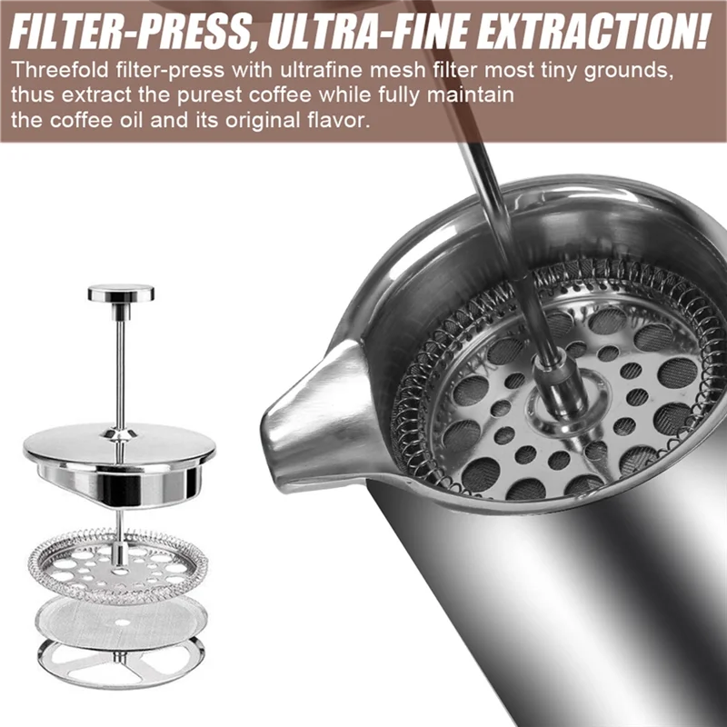 

B08B-Large Capacity Double Wall Tea Maker Pot Espresso Coffee Machine Stainless Steel French Coffee Maker Pot