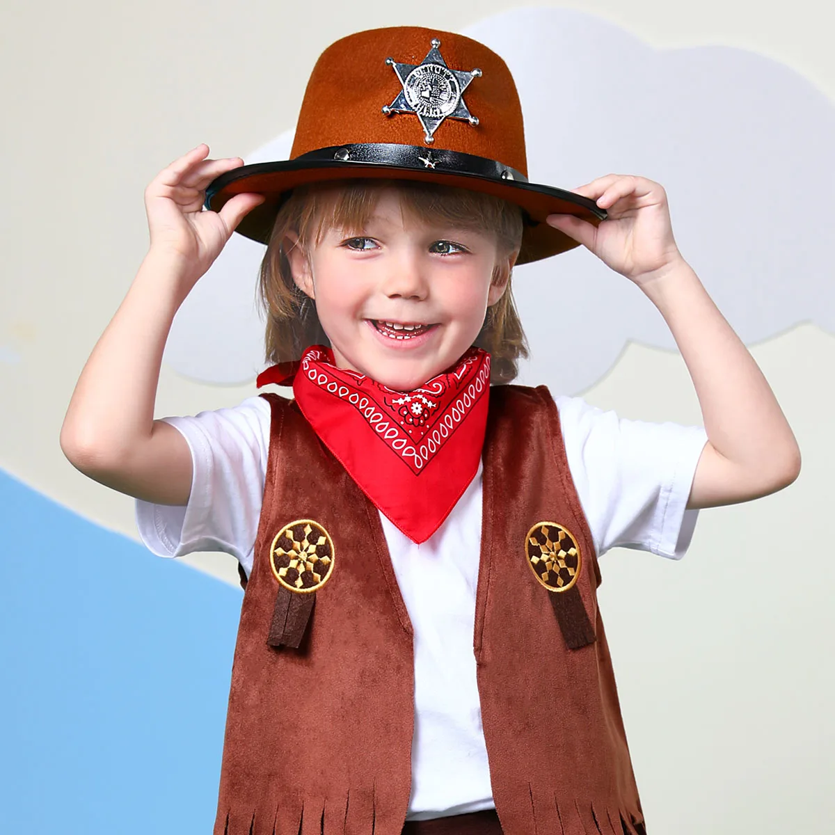 Toddler Boys Western Cowboy Brown Hat Cowgirl Costume Bandanna Felt Hat Halloween Wild West Cosplay Party Dress Up 1-3 T