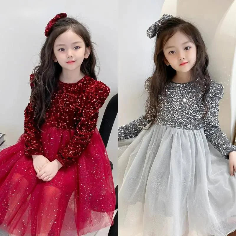 

Kids Flower Girl Dresses for Weddings Baby Girls Red Silver Sequin Puffy Dress Birthday Christmas Party Princess Evening Dresses