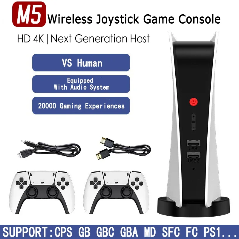 M5 4K Retro Video Game Console Classic PS1/FC/GBA Twin Joystick Wireless Game Console HDMI HD Built-in 20000+ Games with Sound