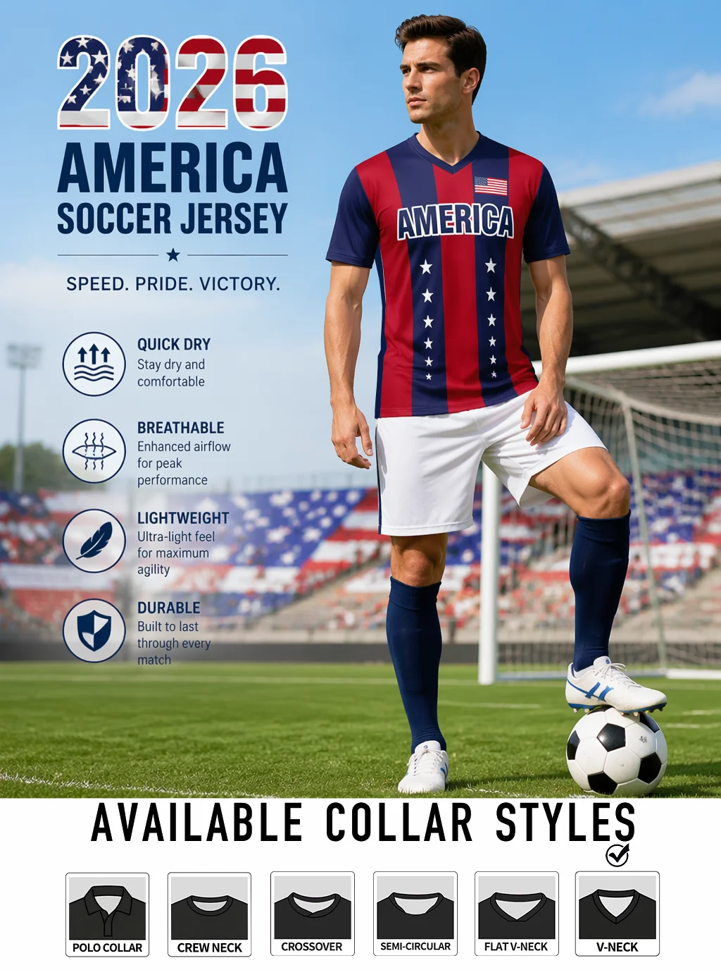 New 2026 USA football uniform, iconic stars and stripes, premium fabric for devoted supporters
