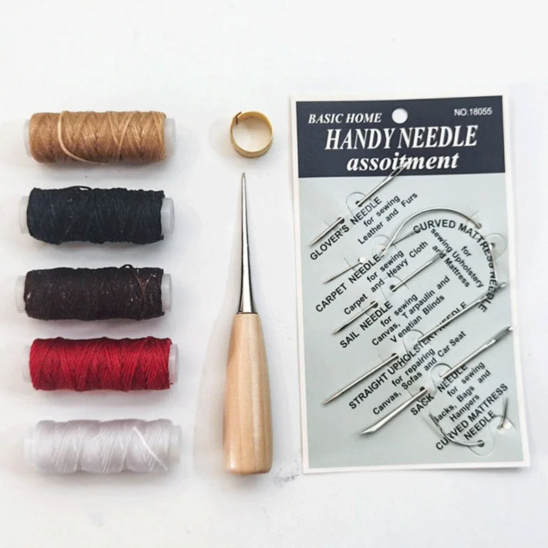 

Curved Upholstery Hand Sewing Needles With 12m Black Wax Thread Drilling Awl and Thimble Set For Leather Repair Tools Set