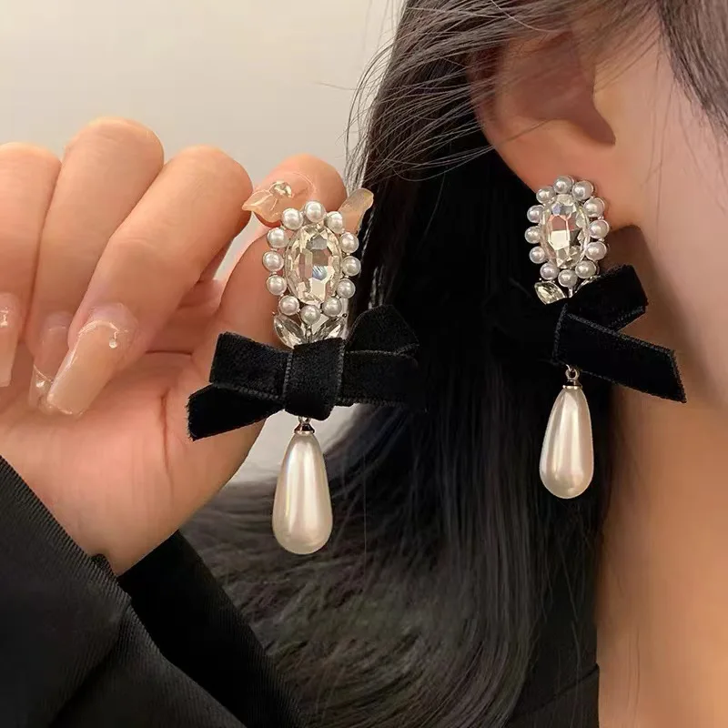 Vintage Luxury Black Velvet Bow Water Drop Pearl Earrings For Women Girl French Style Elagant Crystal Stud Party Wedding Jewelry