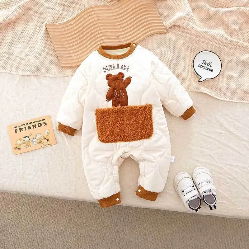 2024 Winter Baby Rompers 0-2Y Newborn Thicken Jumpsuit Girls Warm Clothes Boys Fur Lining Onesie Toddler Cartoon Bear Outwear