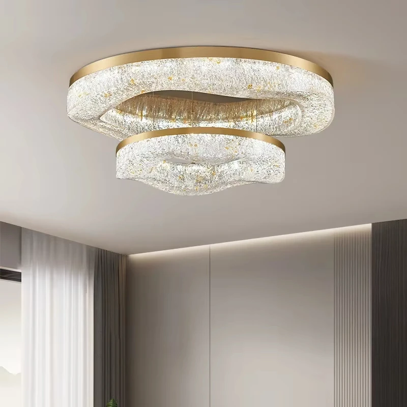 Luz nórdica de lujo para sala de estar, luz de techo de cristal, brillo dorado, redondo, cobre, comedor, decoración del hogar, accesorio de iluminación LED
