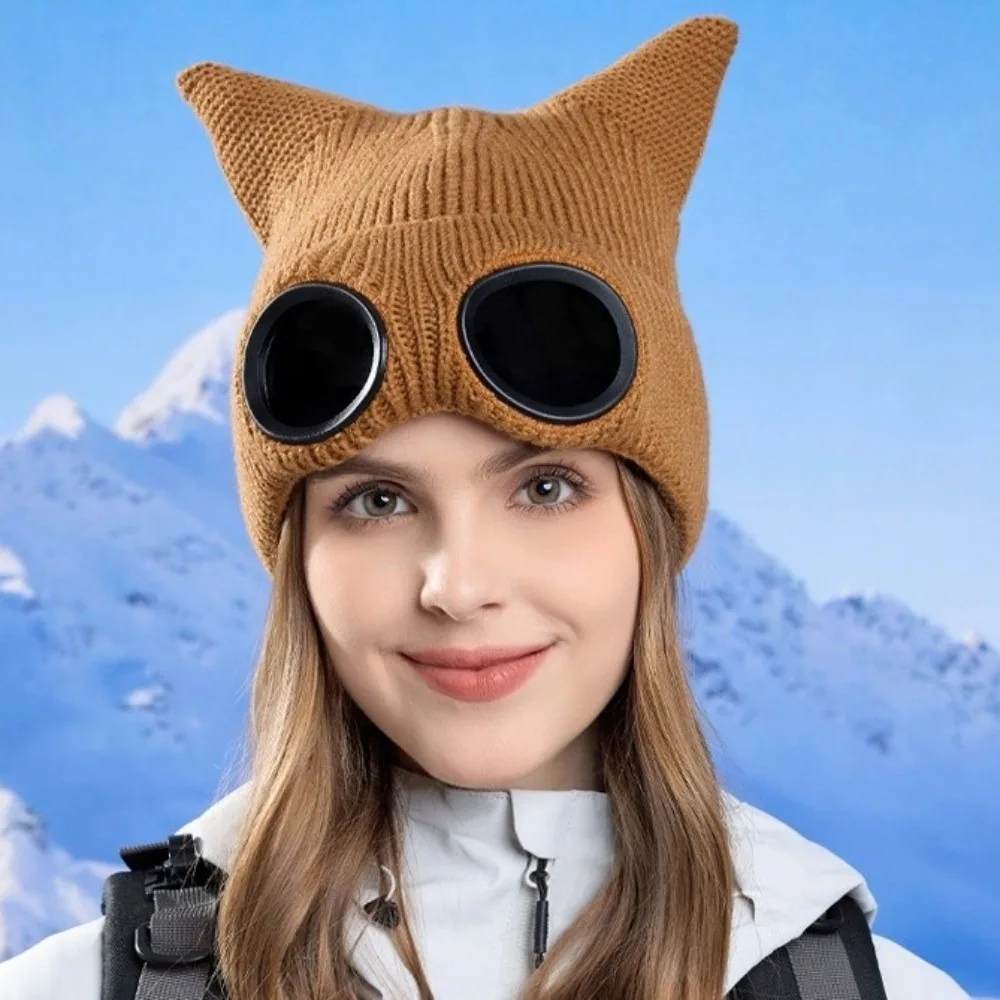 Cute Warm Winter Beanie Windproof Lining Knitted Goggles Hat Soft Elastic Ear Protection Hat for Women