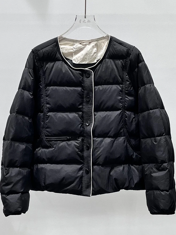 2025, Herbst und Winter, neue Damen-Rundhals-Einreiher, kurze weiße Entendaunenjacke, einfarbig, lässiger Mantel