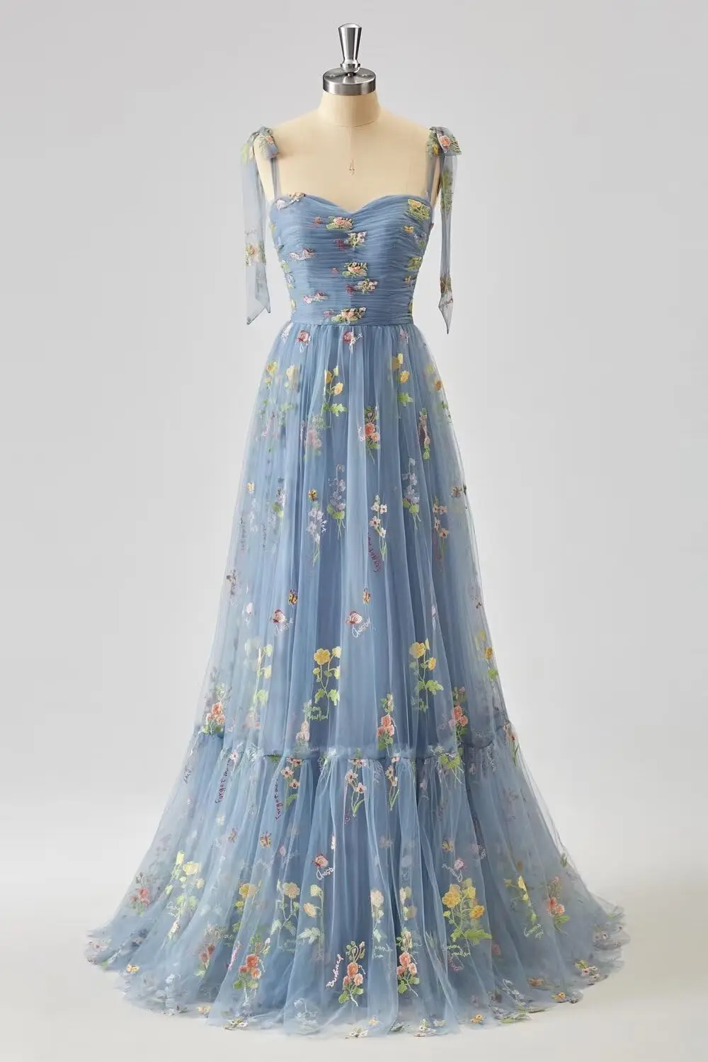 

Tulle Flower Embroidery Prom Dresses Long Corset A Line Ball Gown Spaghetti Straps Formal Evening Dress Floral Lace Wedding Gown