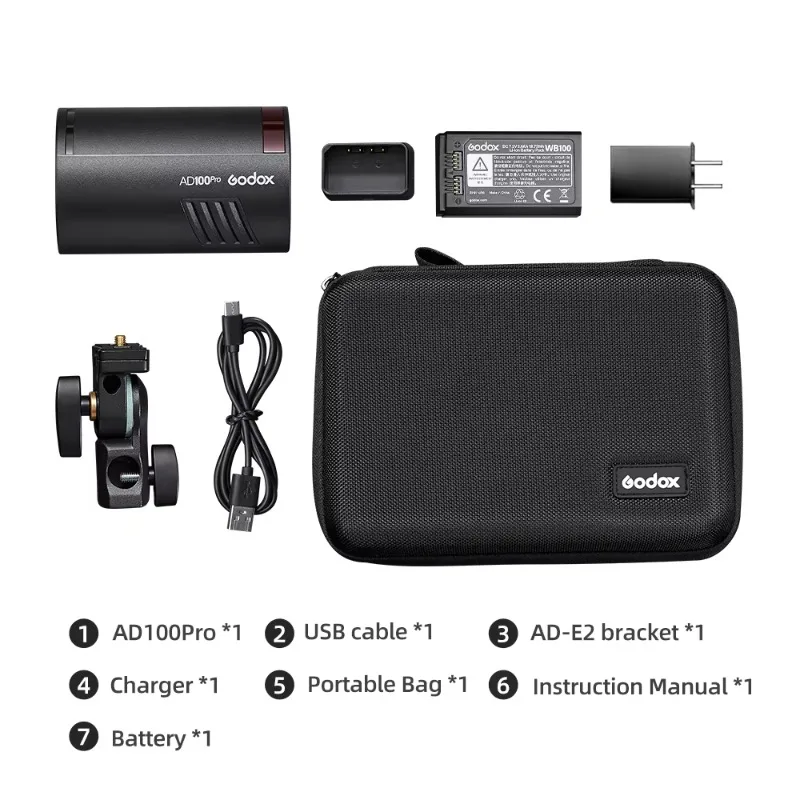 แฟลช AD100Pro 100Ws TTL 2.4G HSS 1/8000s แบบพกพา พร้อมแบตเตอรี่ลิเธียม 7.2V/2600mAh ให้พลังงานเต็ม 360 องศา