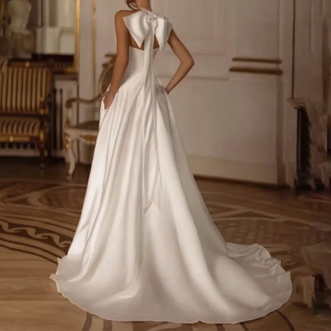 2025 vestido de novia con abertura larga y lazo en la espalda para mujer, vestido de novia sencillo con temperamento, elegante vestido de novia sin mangas con perlas personalizado