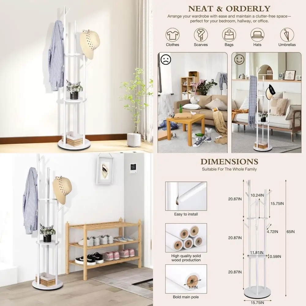 

Freestanding Solid Wood Coat Rack with 3 Shelves and 9 Hooks - Ideal for Entryway, Bedroom, Living Room, Hallway Storage Solutio