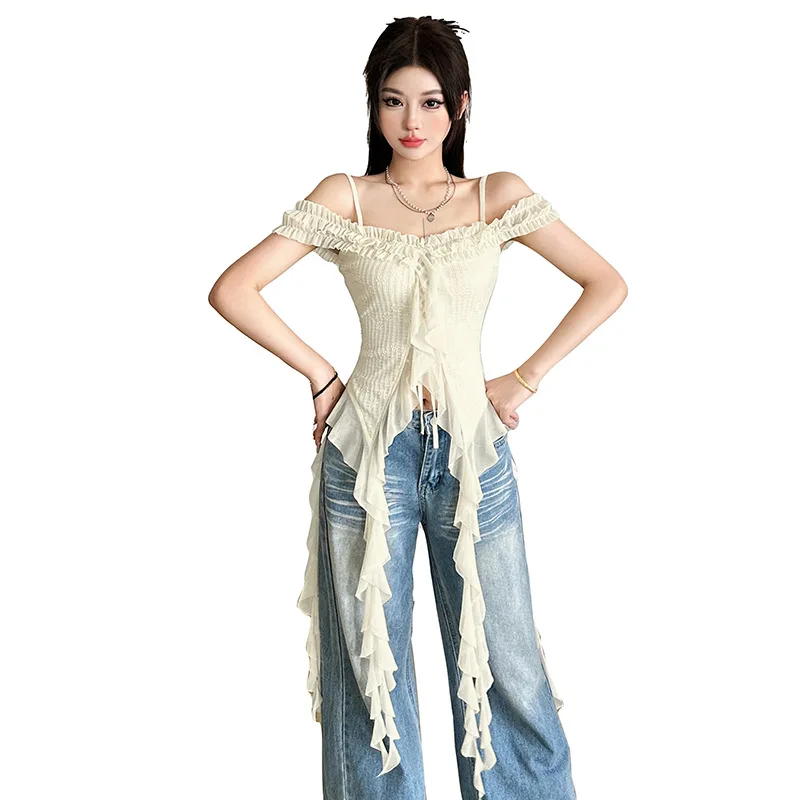 2025 Summer Cross-border New Solid Color Street Fashion Irregular Streamer Slim Temperament Versatile Top Women