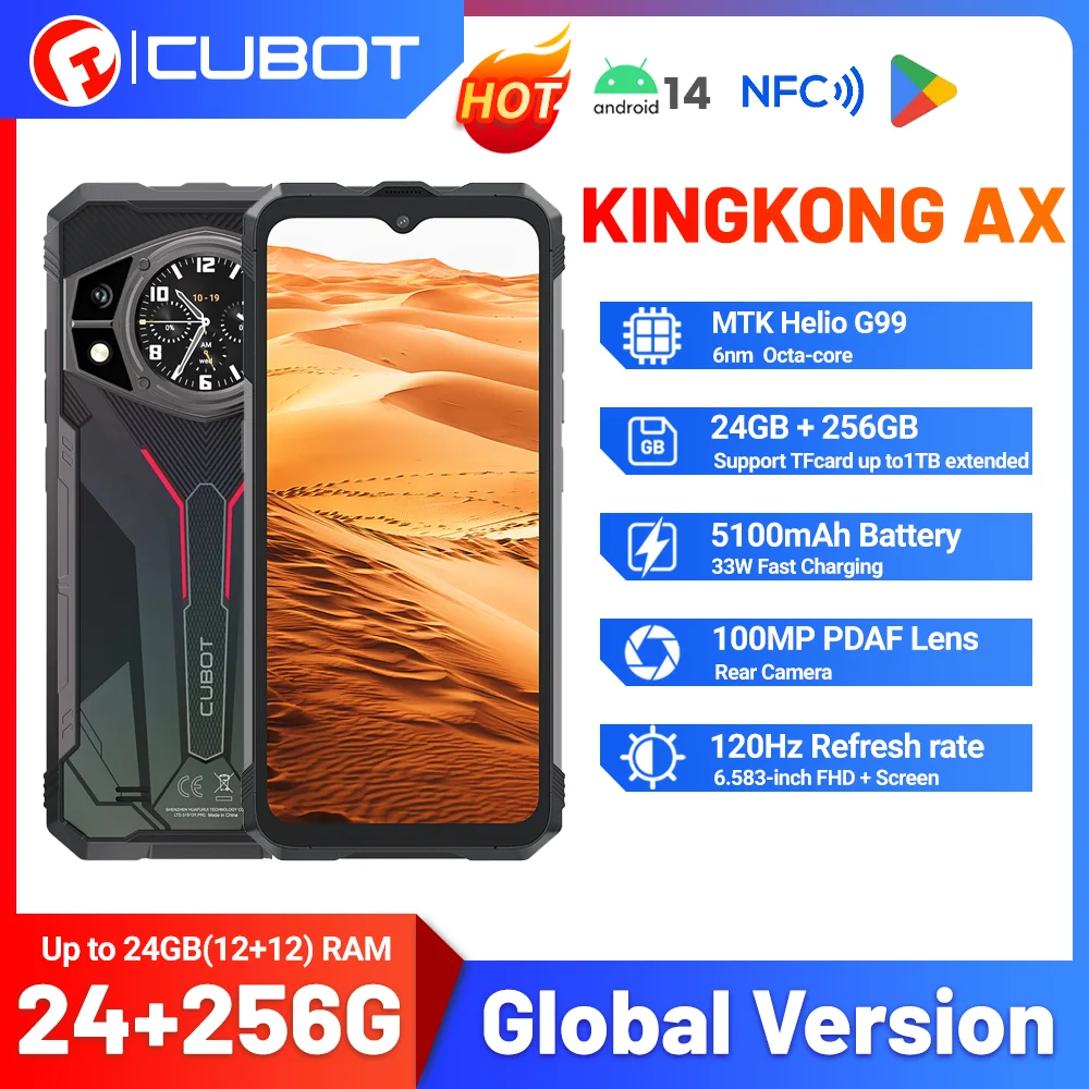 

Cubot KINGKONG AX, Ultra-thin Rugged Smartphone Android 14, Helio G99, 24GB RAM(12+12GB), 256GB ROM, 120Hz Screen, 100MP, NFC