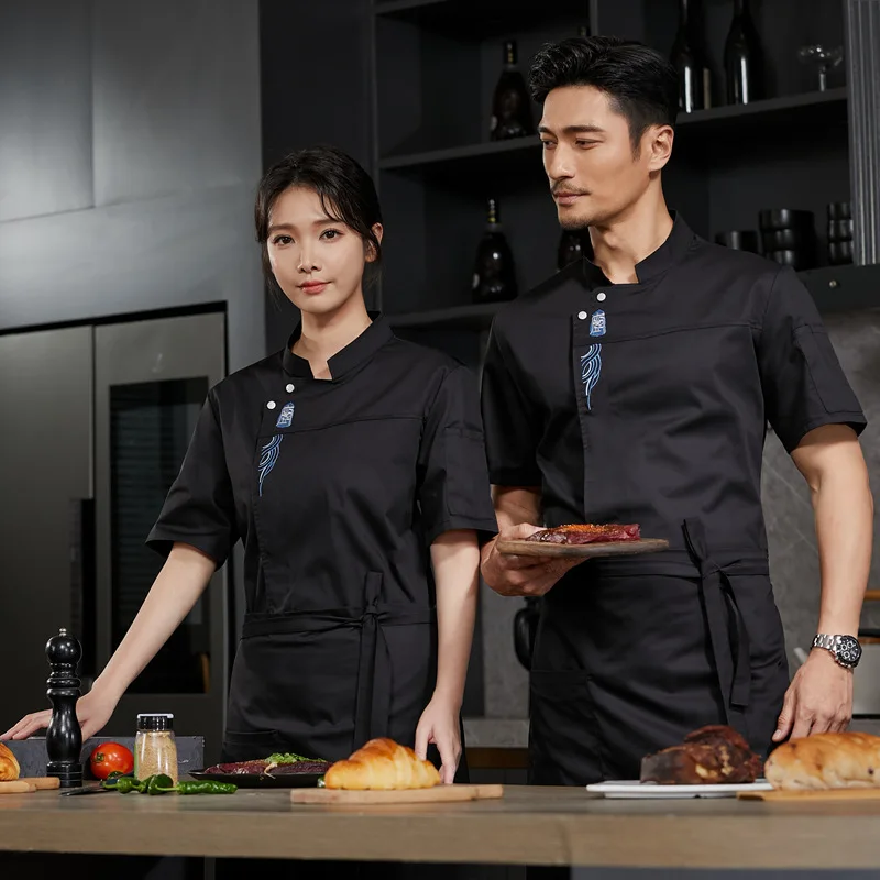 

Рабочая одежда для поваров отелей для мужчин, однотонная рабочая одежда с короткими рукавами для кухонь ресторанов, рабочая одежда больших размеров.
