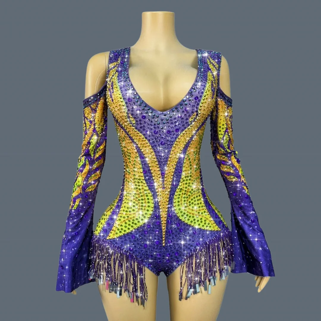 Halloween Pumpkin Witch Dress-up Club Dance Show Deep V Neck Bodysuit Festival Celebrate Party Rhinestone Spandex Outfit Zijinju