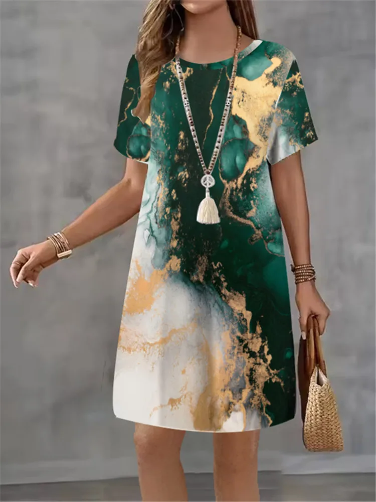 Women Tie Dye Pattern Printing Dress Summer Fashionable New Elegant Casual Short Sleeve Mini Dress Loose Women A-Line Dress