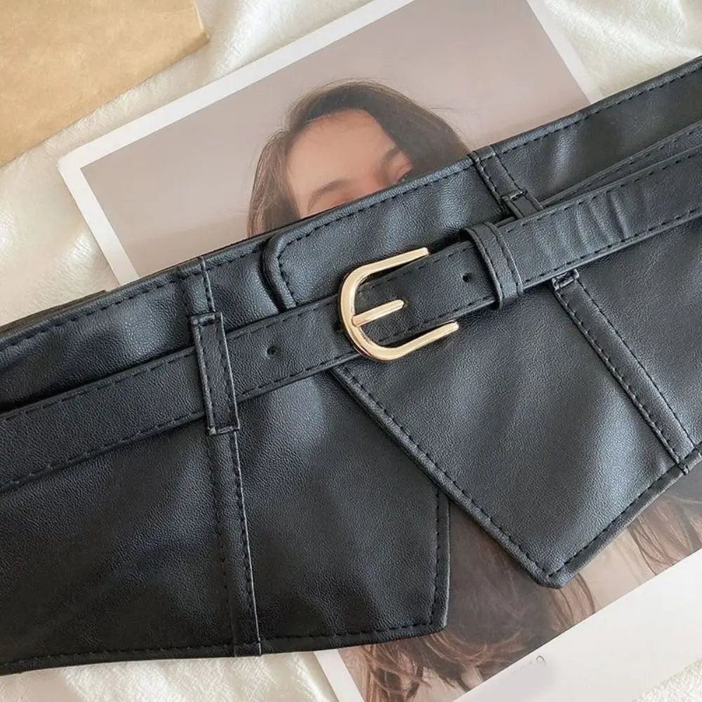 Elegant Adjustable Elastic Cummerbunds Black Solid Color Wide Belt PU Leather Slimming Waist Corset Outfits