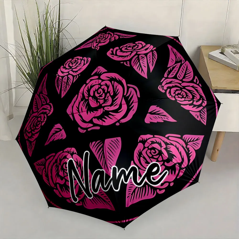 Custom Name Elegant Floral Umbrella Design 8 Iron Ribs Folding Umbrella Auto-Open Fashionable Sunshade Deluxe Gift