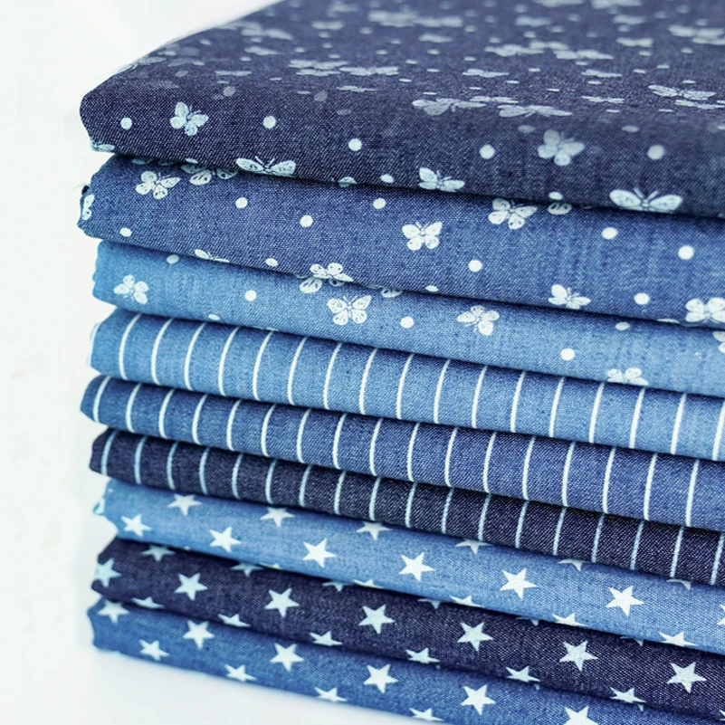 Tessuto estivo in denim stampato in cotone con stelle a strisce sottili a farfalla per vestiti trapuntati, gonna fai da te fatta a mano al mezzo