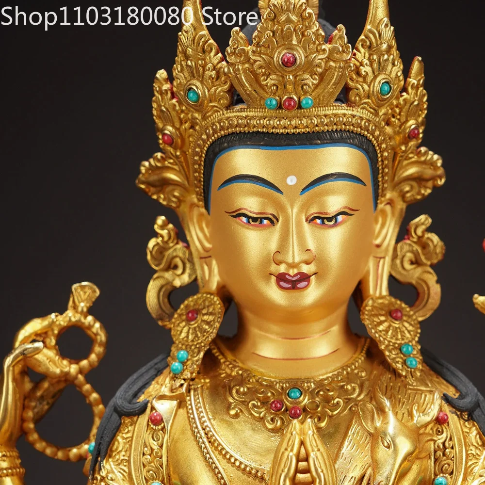 32cm Gilt Brass Four-Armed Chenrezig Avalokiteshvara Statue Tibetan Bodhisattva of Boundless Compassion Sculpture Altar Decor