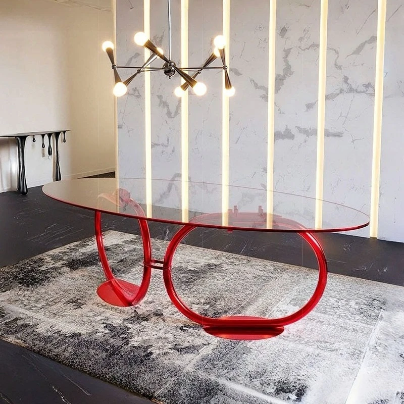 

Tempered glass dining table Home modern design Creative art Oval metal dining table Dining table