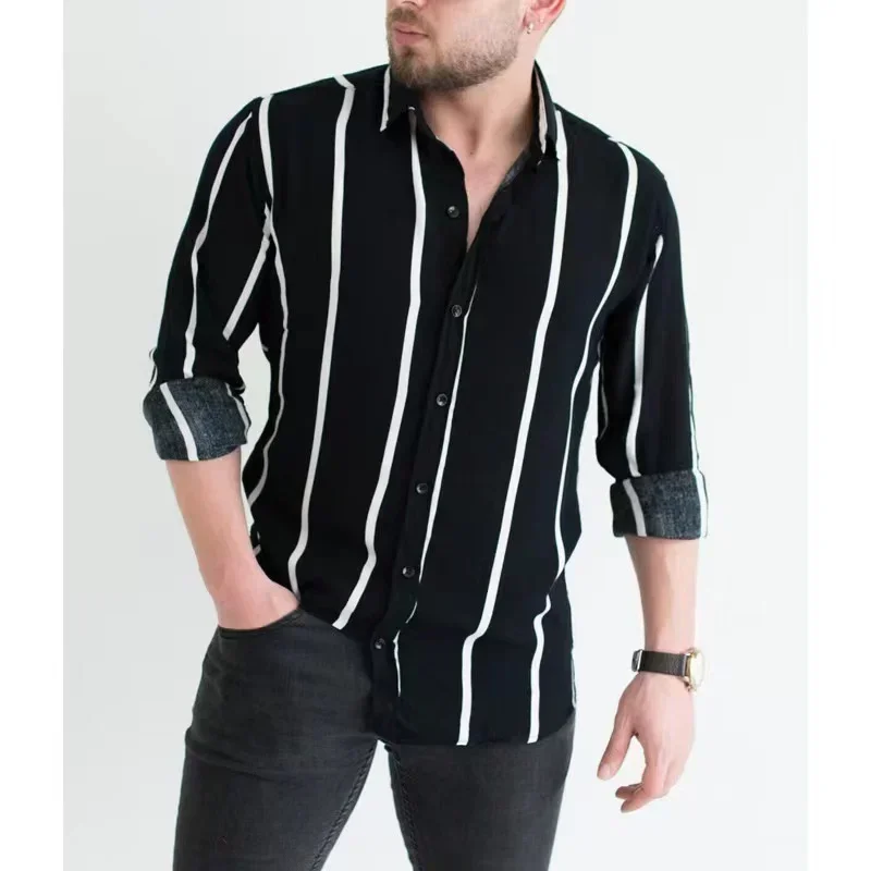 2024 New Best-selling Fashion Casual Minimalist Men\'s Shirt Plaid Stripe Spring/summer Men\'s Lapel Button Long Sleeved Shirt 6XL