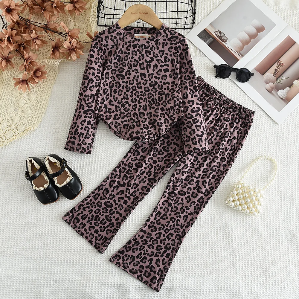 2024 Clothing Set Girls Long Sleeve O Neck Leopard T-shirt Flare Pants 2 Pcs Sets Casual Girls Clothes Set 2-7T