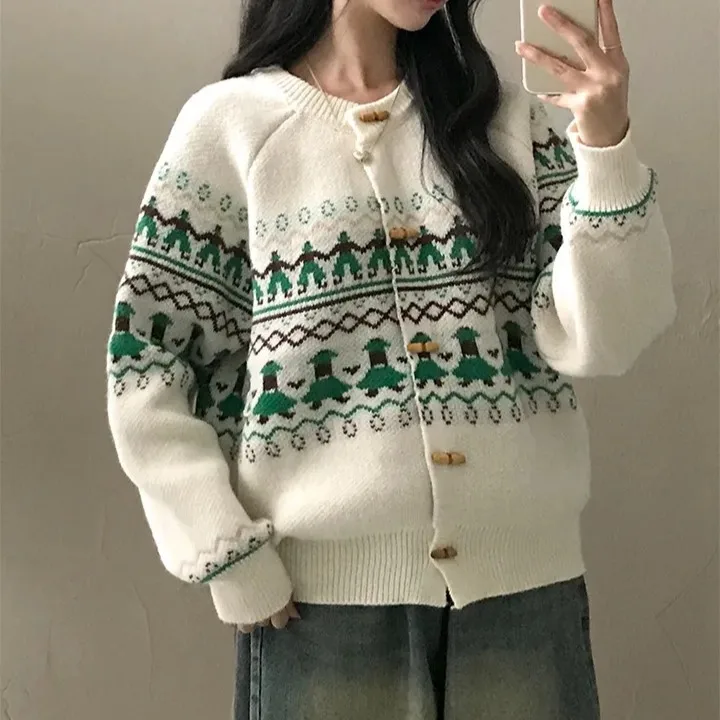 

Женский шикарный вязаный свитер, свободный скандинавский ретро Sle, мягкий ветровой кардиган на пуговицах, длинный свек, стандартная длина, зимняя мода