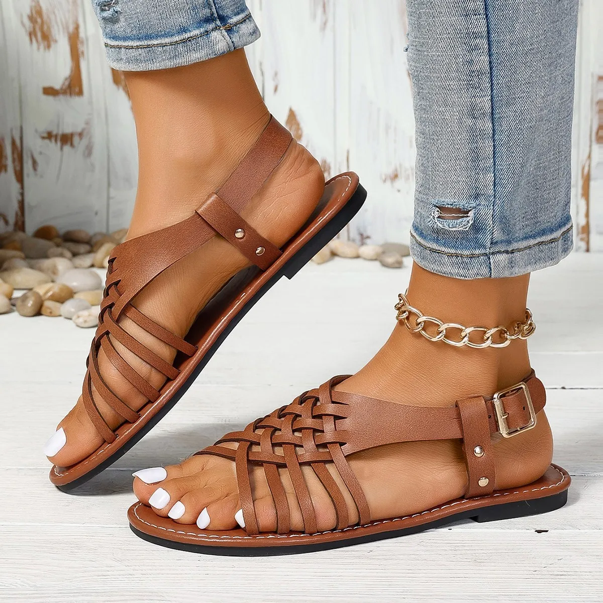 Minimal Round Head Women Flat Shoes Fashion Solid Color Cross Belt Design Sandals Casual Daily Versatile Ladies Sandalias