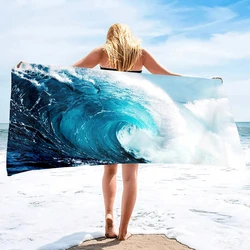 Ponadwymiarowy ręcznik plażowy Wave Ocean Ponczo do surfingu nad morzem Cienkie i miękkie, szybkoschnące niebieskie ręczniki tematyczne Basen Pływanie Ręczniki podróżne