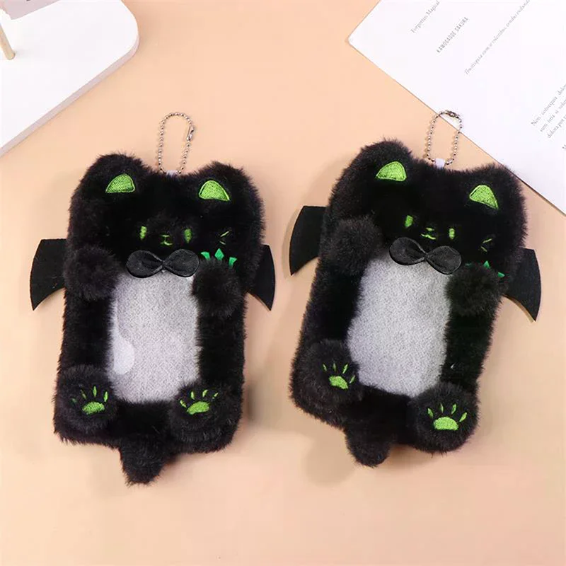 Cartoon Cute Black Cat Plush Card Holder Photocard Case Bag Keyring Pendant Idol Photo Protective Cover Student Card Holder Gift