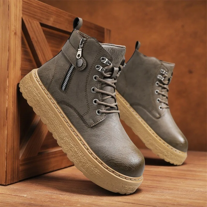 

2025 Autumn Winter Fashion Brown Men's Ankle Boots 2025 Comfortable Platform Leather Boots Men Non-slip Work Boots for Men