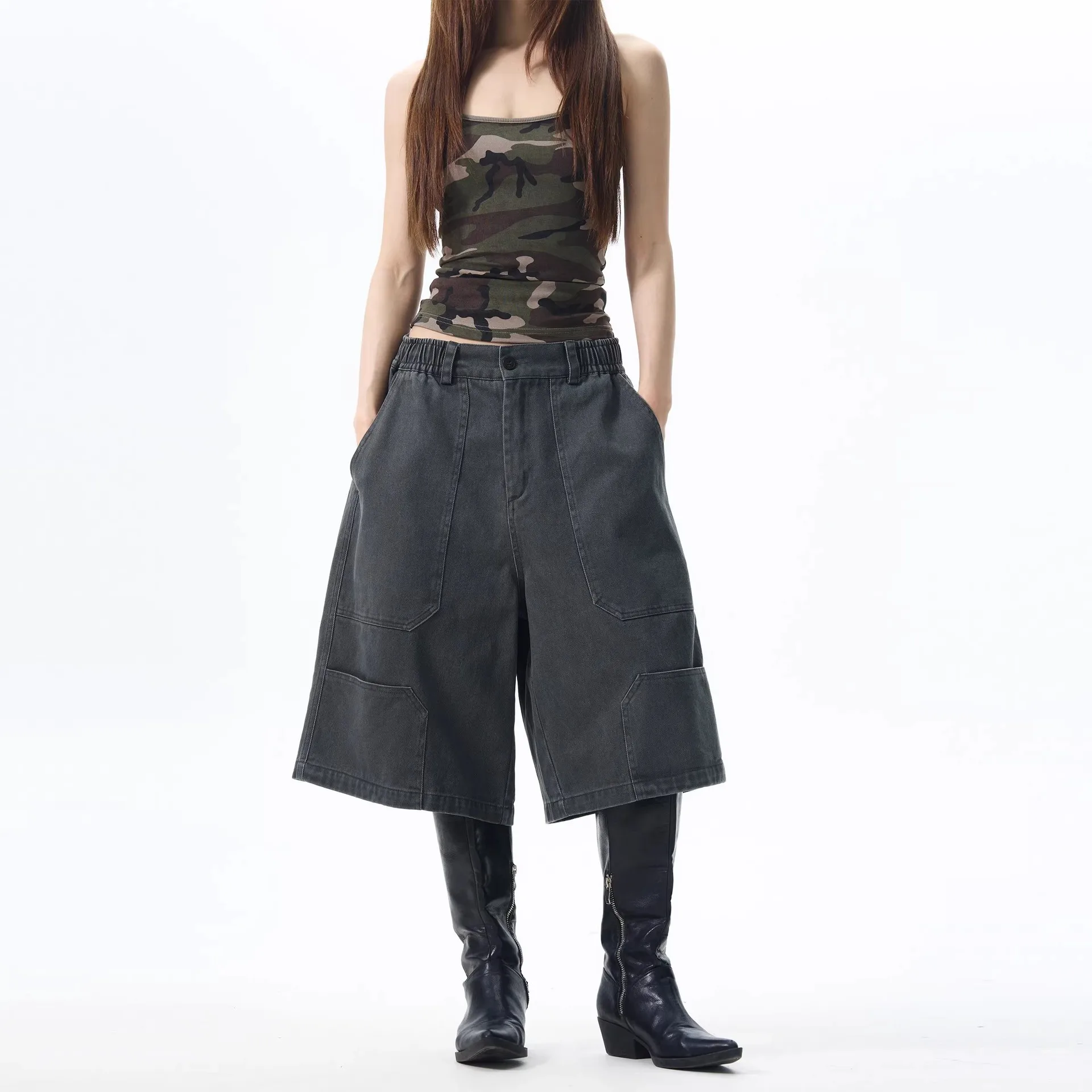 Retro Elastic Waist Women's Summer New Khaki Shorts Tooling Pants Cropped Pants