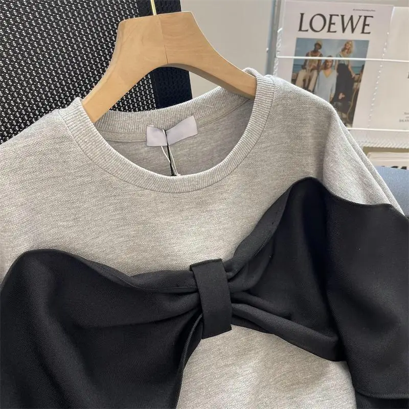 O-neck Sweatshirt Women Fake Two Piece Patchwork Bow Sweet Ruffles Korean-style Design Office Ladies All-match Loose Trendy Cozy