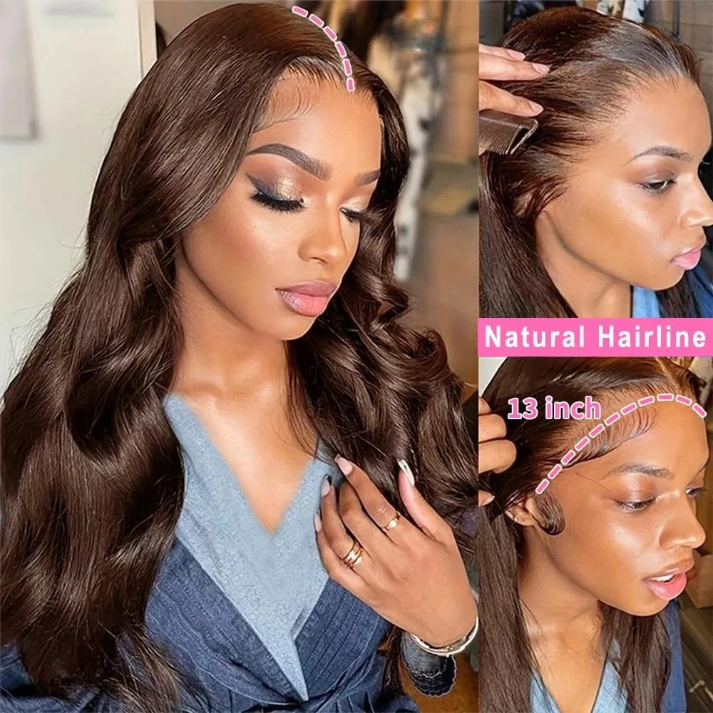 220% Density Chocolate Brown Body Wave Lace Front Human Hair Wig 13x4 13x6 HD Transparent Lace Frontal #4 Colored Wigs For Women image 3
